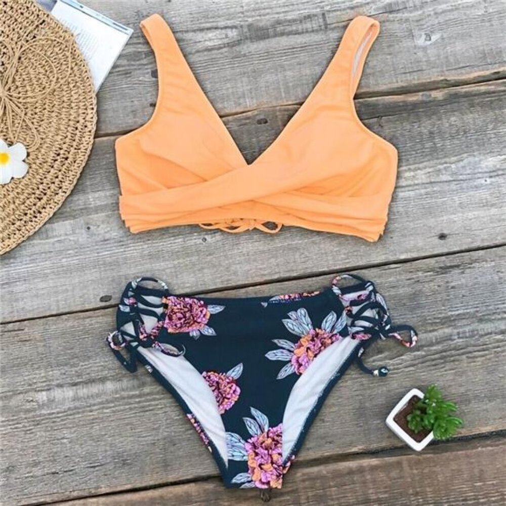 SEASELFIE Sexy Orange And Purple Floral Lace Up Bikini Set Two Piece Swimwear M